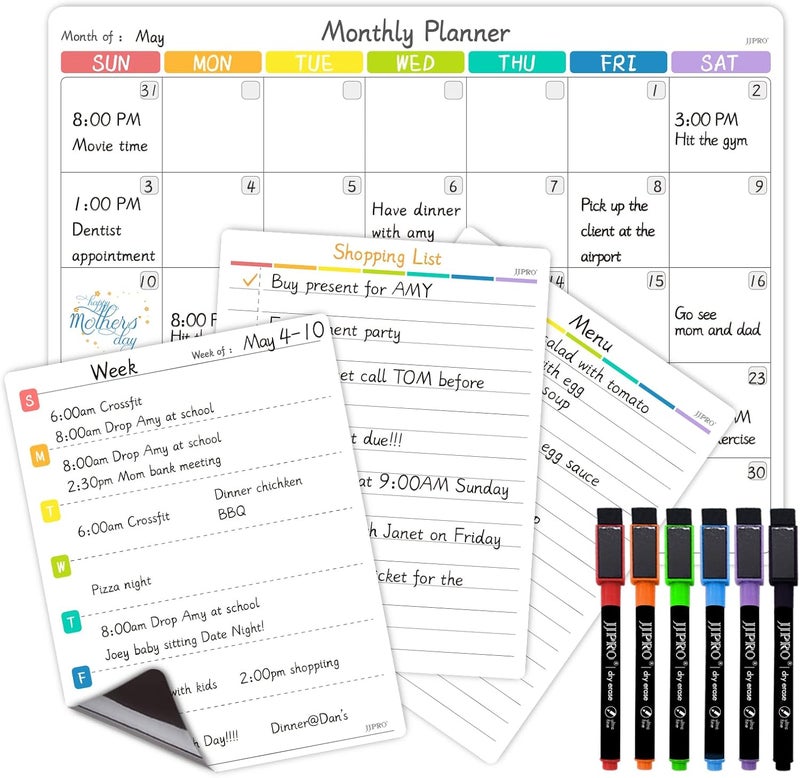JJPRO Magnetic Monthly Calendar Whiteboard Set for Refrigerator-Monthly Planning Board, Weekly Menu Planner and to Do List for Fridge with 6 Markers-14.5" x11 - Image 1